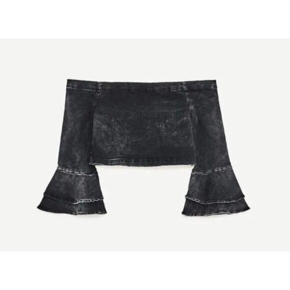 Zara EUC Denim Cropped Off Shoulder Top Ruffled Sleeves Size S - Picture 7 of 15